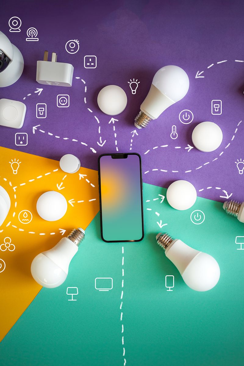Flat lay of smart home devices and smartphone showcasing automation and connectivity.